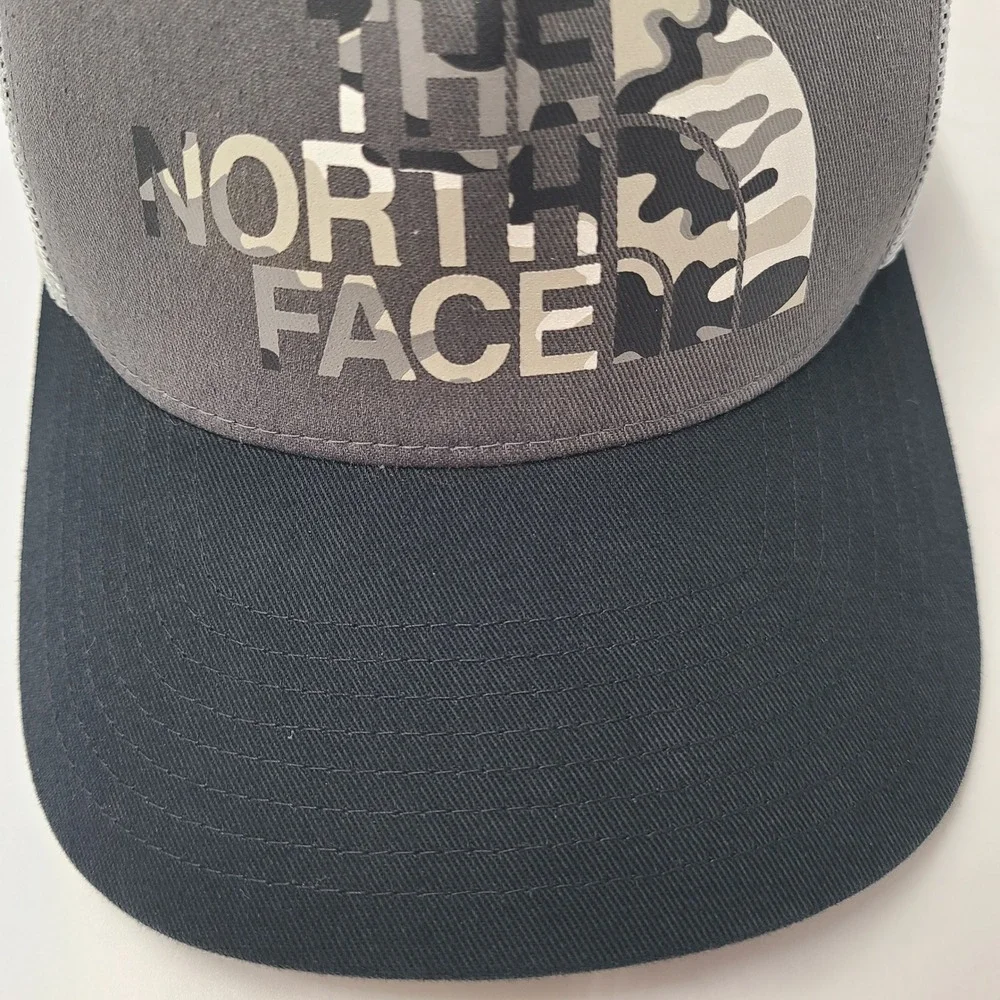 The North Face Hat Snapback Trucker Mesh Gray Black Camo Logo Outdoors Hike Men